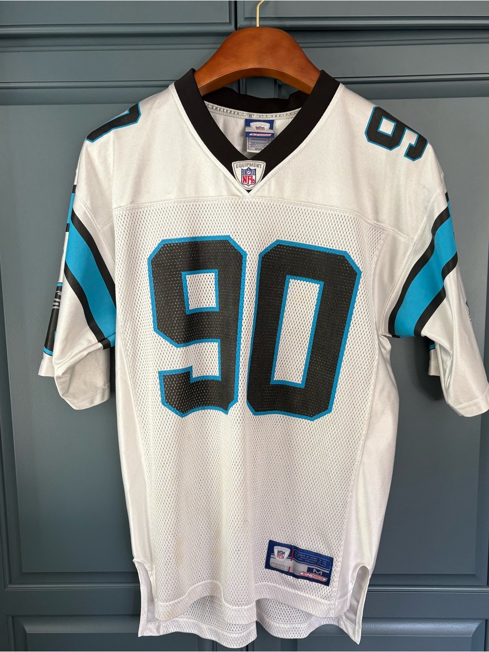 Carolina Panthers #90 White Football Jersey with Teal & Black Trim Peppers